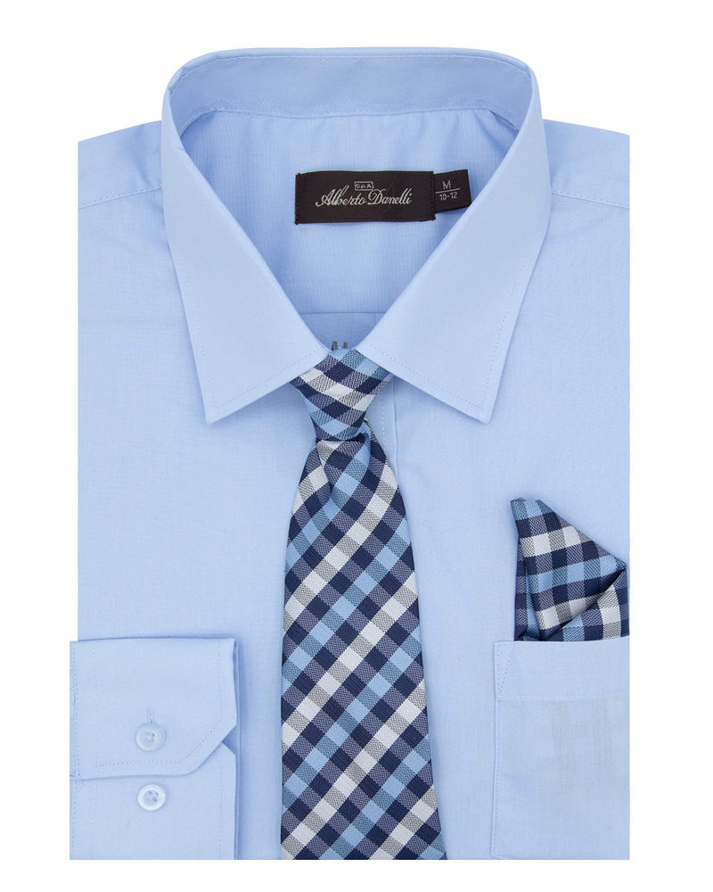 Alberto Danelli's Boys Long Sleeve Dress Shirt with Matching Tie and Handkerchief, 8, Sky Blue - Image 1